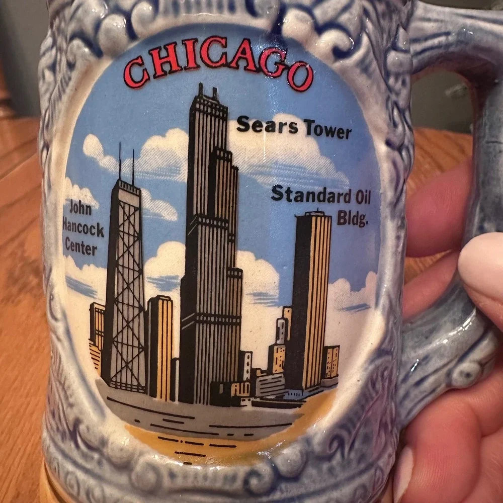 Vintage Chicago Skyline Beer Stein Japan Blue Ceramic Mug Sears Tower